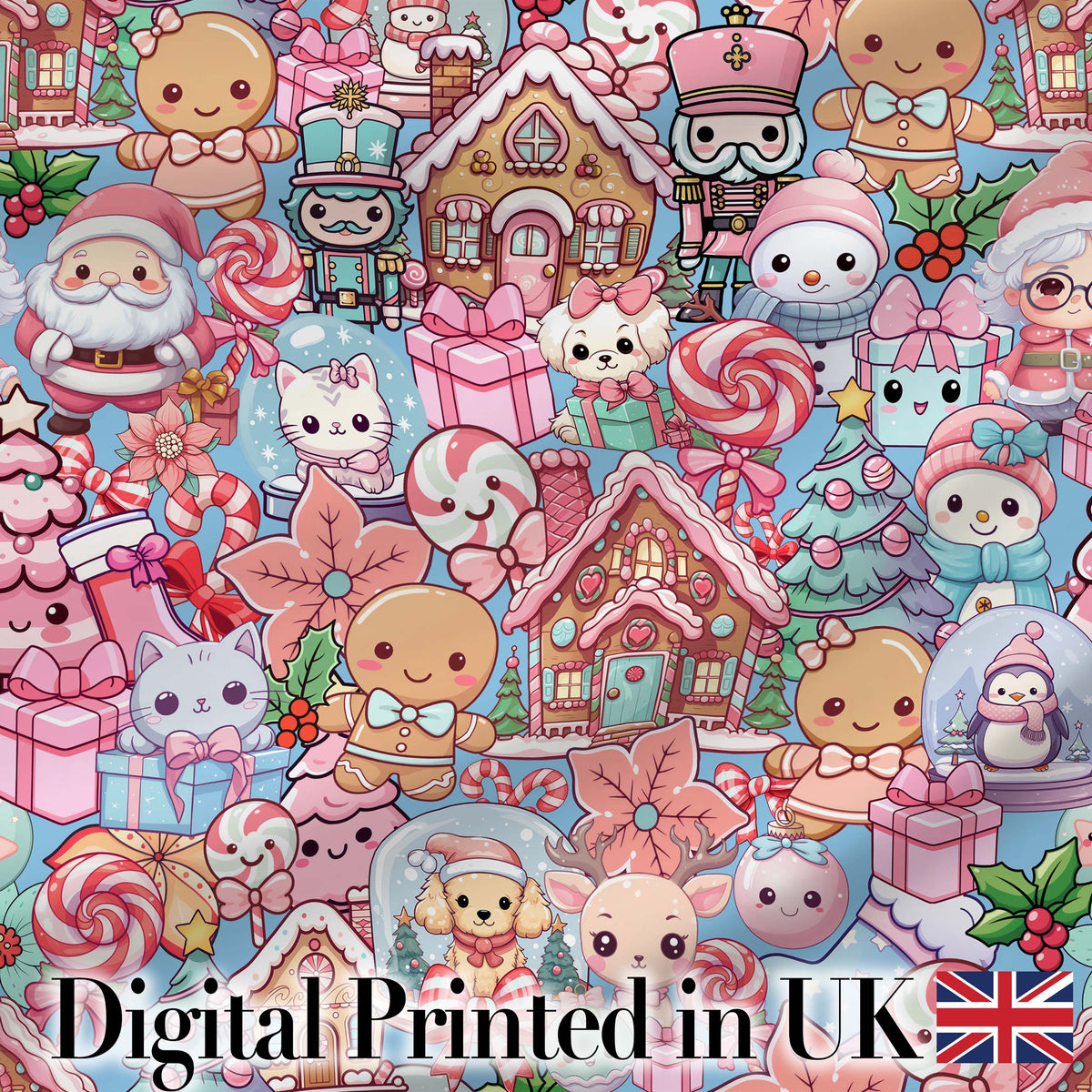 Cute Kawaii Christmas Gingerbread Snowman Candy Gift Seamless Pattern Digital Print Fabric by the Metre UK Sewing Quilting Textile