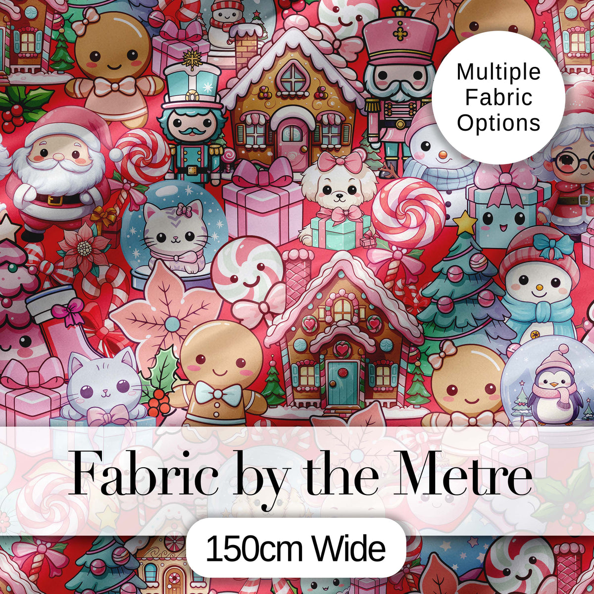 Cute Kawaii Christmas Gingerbread Candy Characters Festive Seamless Pattern Digital Print Fabric by the Metre UK Sewing Quilting Textile