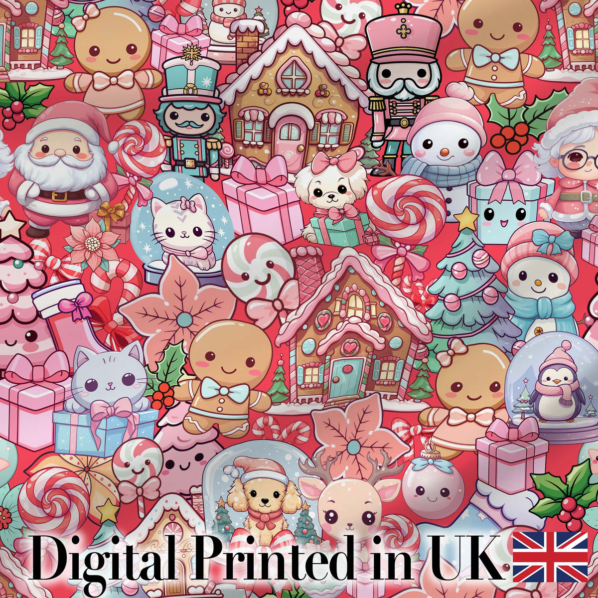 Cute Kawaii Christmas Gingerbread Candy Characters Festive Seamless Pattern Digital Print Fabric by the Metre UK Sewing Quilting Textile
