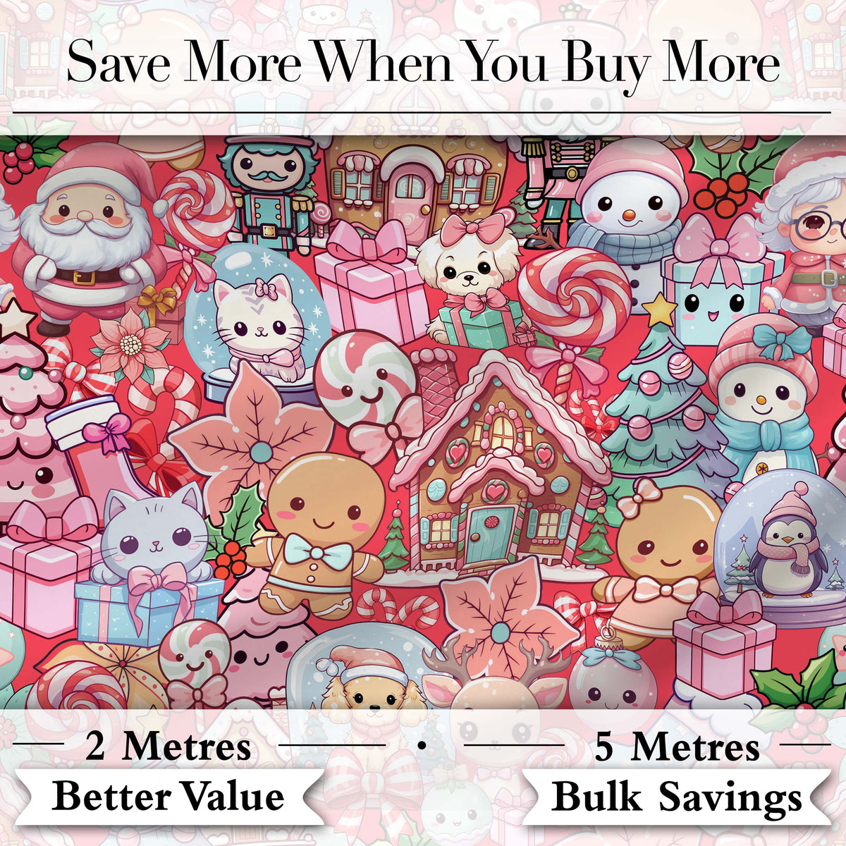 Cute Kawaii Christmas Gingerbread Candy Characters Festive Seamless Pattern Digital Print Fabric by the Metre UK Sewing Quilting Textile