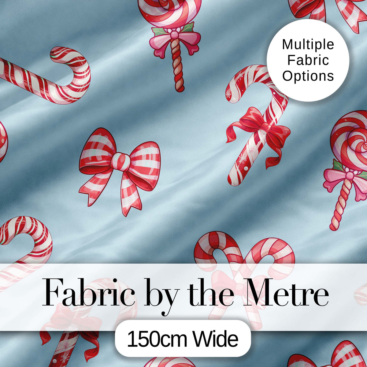 Cute Christmas Candy Cane Ribbon Bow Blue Background Seamless Pattern Digital Print Fabric by the Metre UK Sewing Quilting Textile