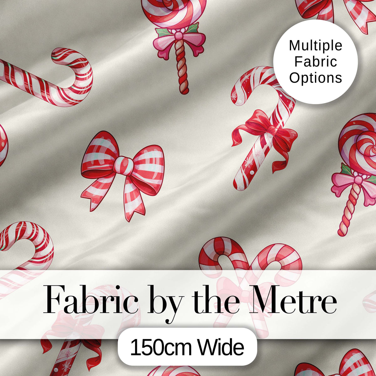 Cute Christmas Candy Cane Ribbon Bow Neutral Beige Seamless Pattern Digital Print Fabric by the Metre UK Sewing Quilting Textile