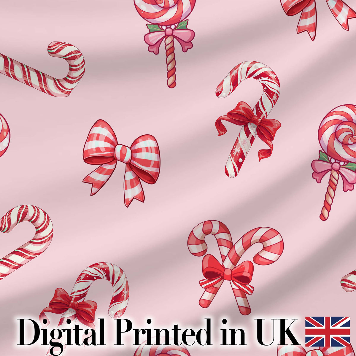 Cute Christmas Candy Cane Ribbon Bow Soft Pink Seamless Pattern Digital Print Fabric by the Metre UK Sewing Quilting Textile