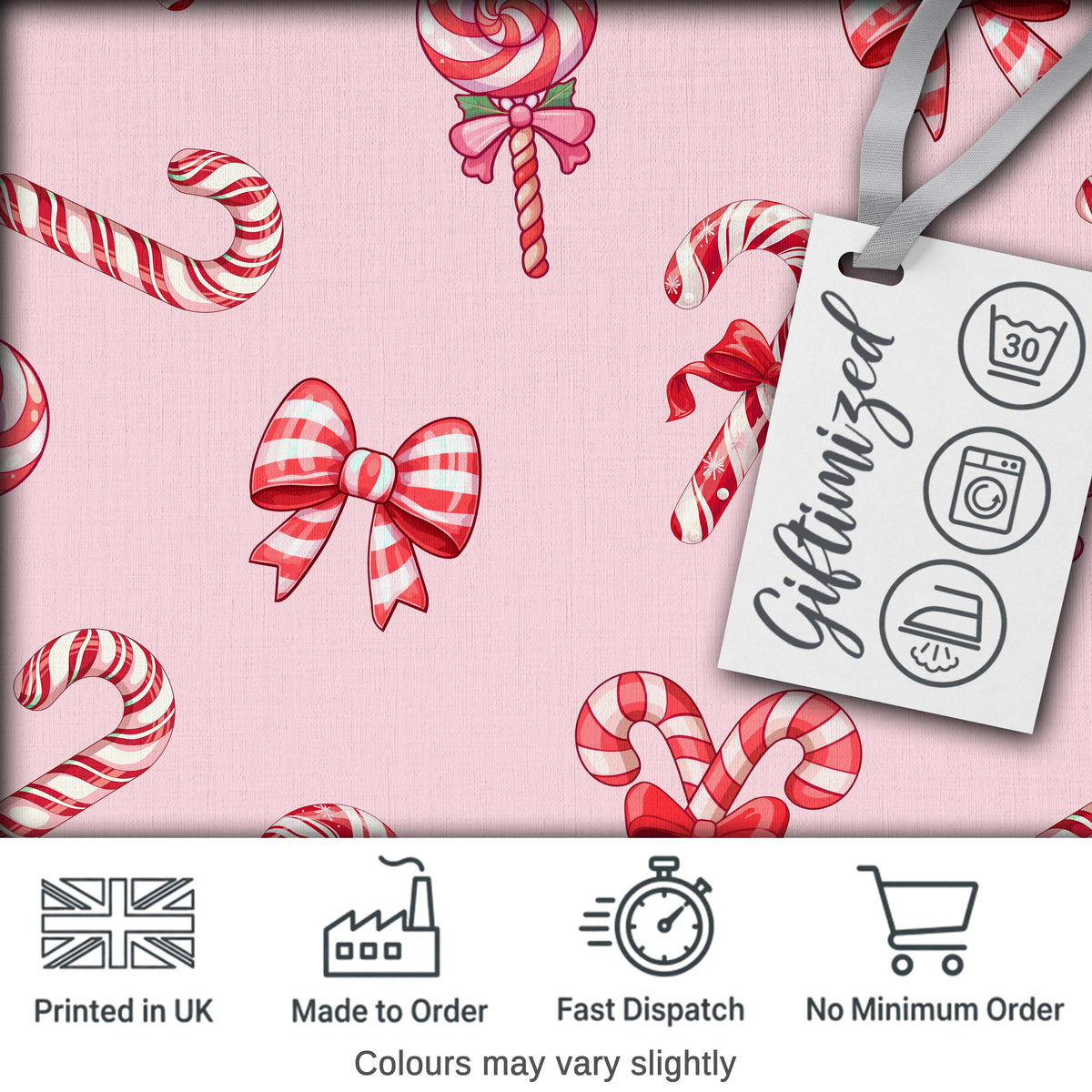 Cute Christmas Candy Cane Ribbon Bow Soft Pink Seamless Pattern Digital Print Fabric by the Metre UK Sewing Quilting Textile