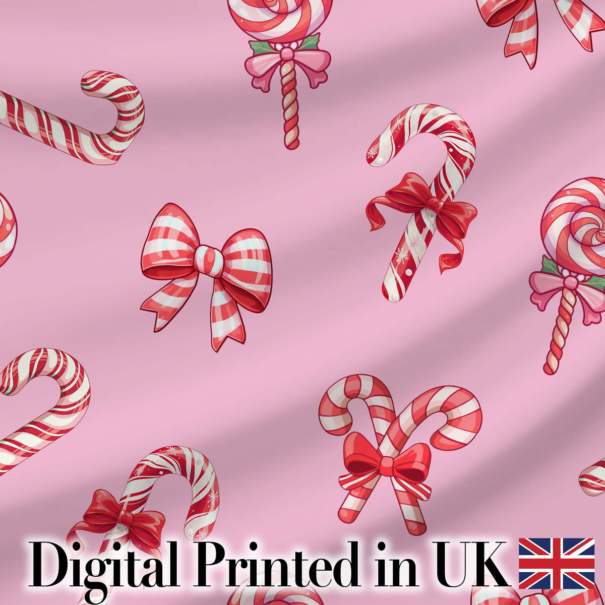 Cute Christmas Candy Cane Ribbon Bow Pastel Pink Seamless Pattern Digital Print Fabric by the Metre UK Sewing Quilting Textile