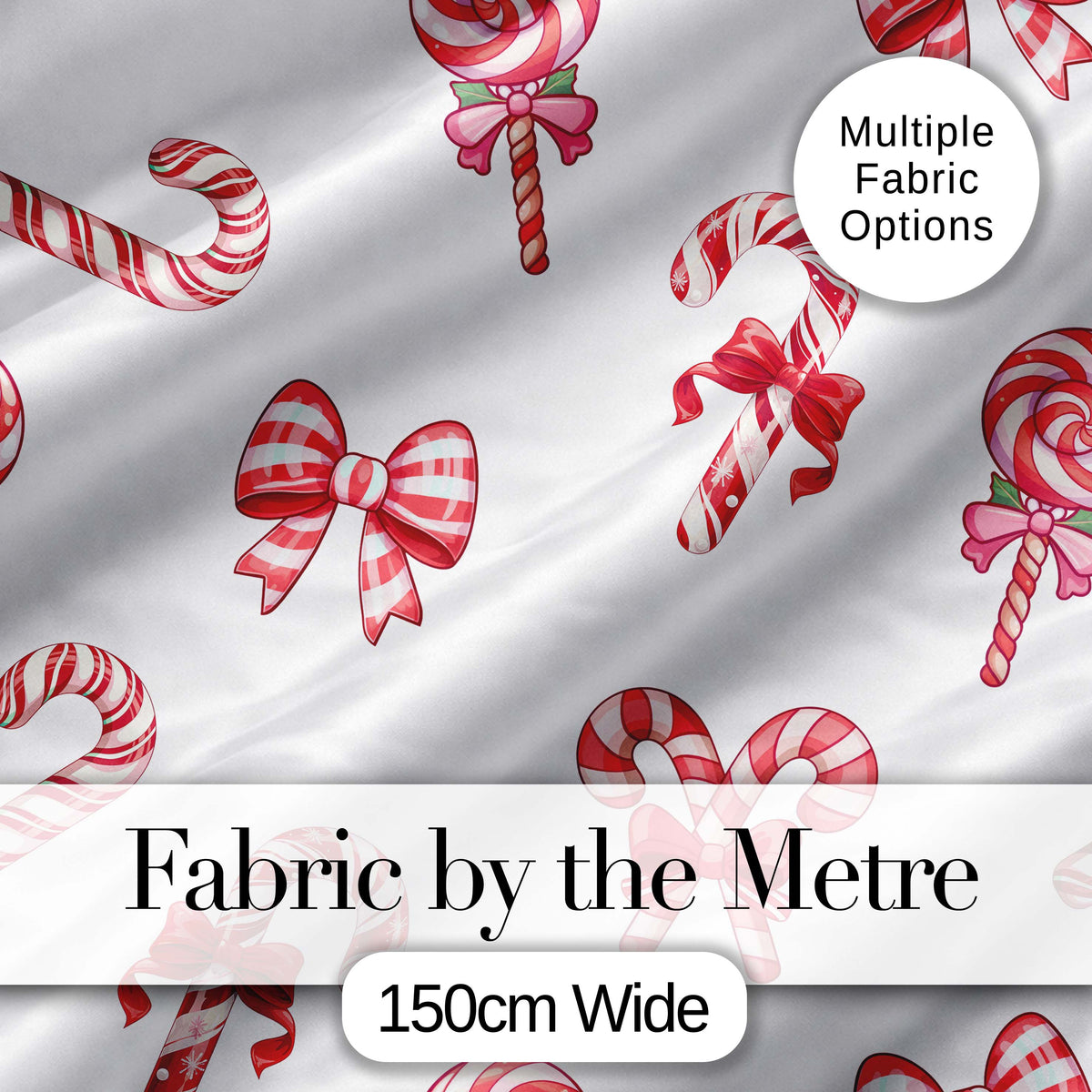 Cute Christmas Candy Cane Ribbon Bow Light Grey Seamless Pattern Digital Print Fabric by the Metre UK Sewing Quilting Textile