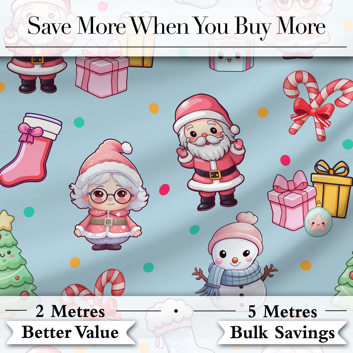 Cute Kawaii Santa Snowman Gift Characters Blue Seamless Pattern Digital Print Fabric by the Metre UK Sewing Quilting Textile