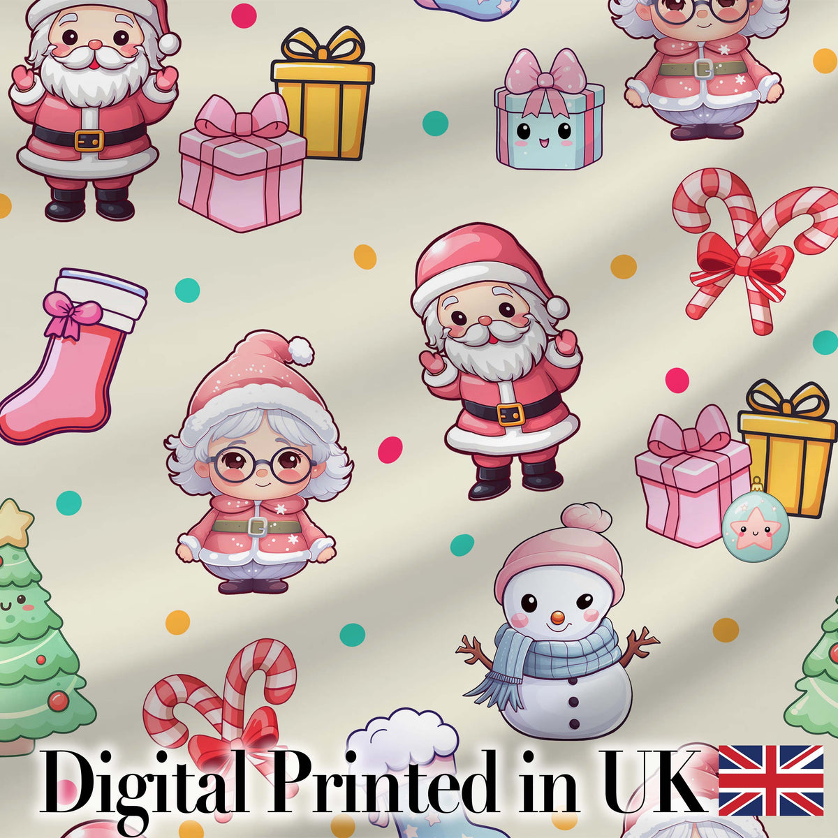 Cute Kawaii Santa Snowman Gift Characters Cream Background Seamless Pattern Digital Print Fabric by the Metre UK Textile