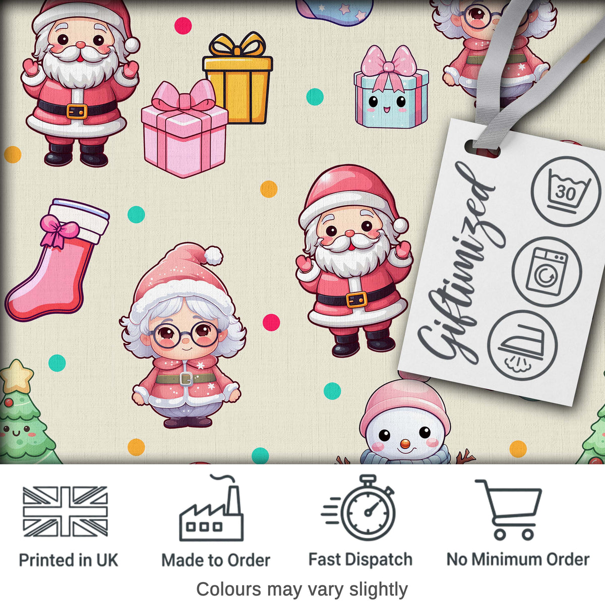 Cute Kawaii Santa Snowman Gift Characters Cream Background Seamless Pattern Digital Print Fabric by the Metre UK Textile