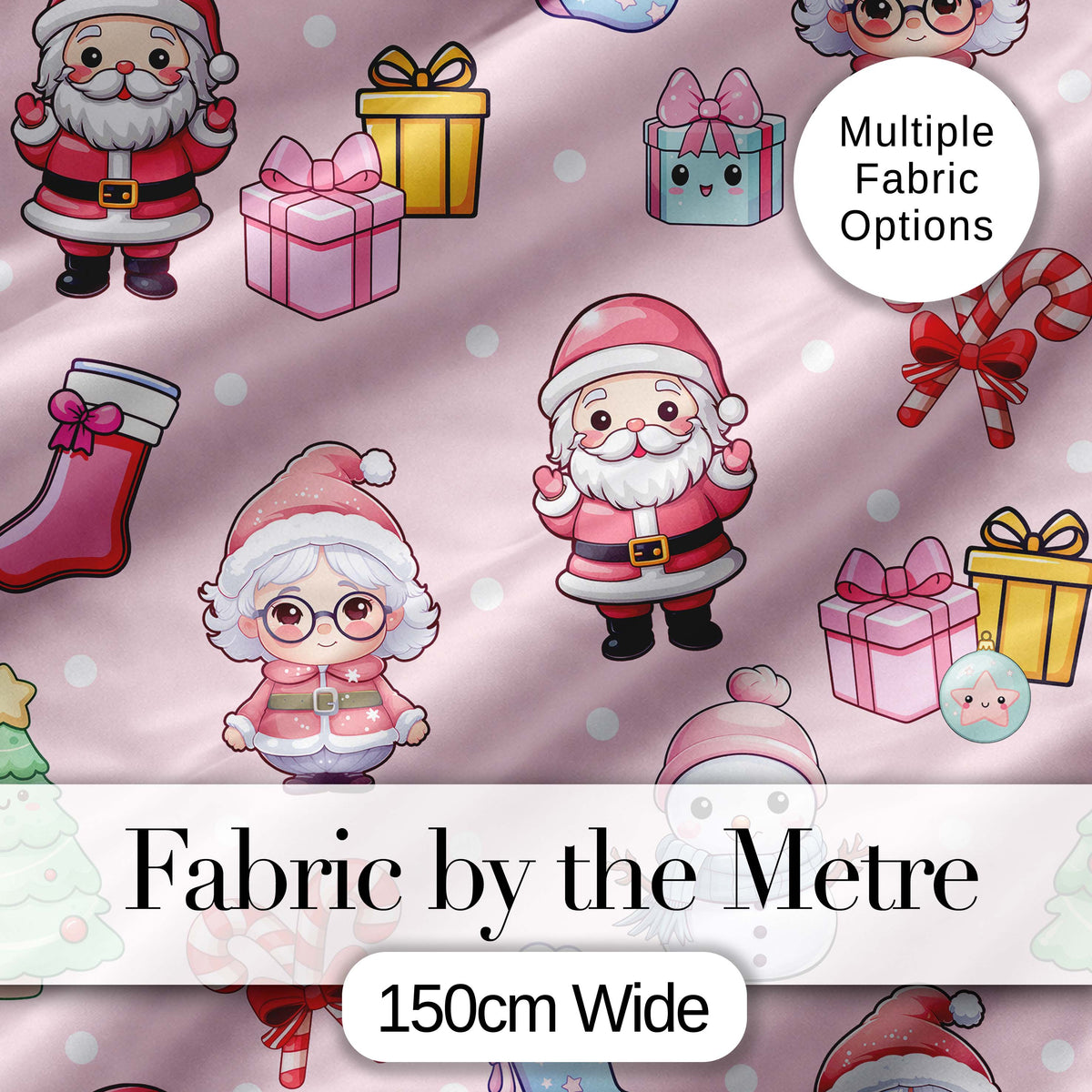 Cute Kawaii Santa Snowman Gift Characters Soft Pink Background Seamless Pattern Digital Print Fabric by the Metre UK Textile