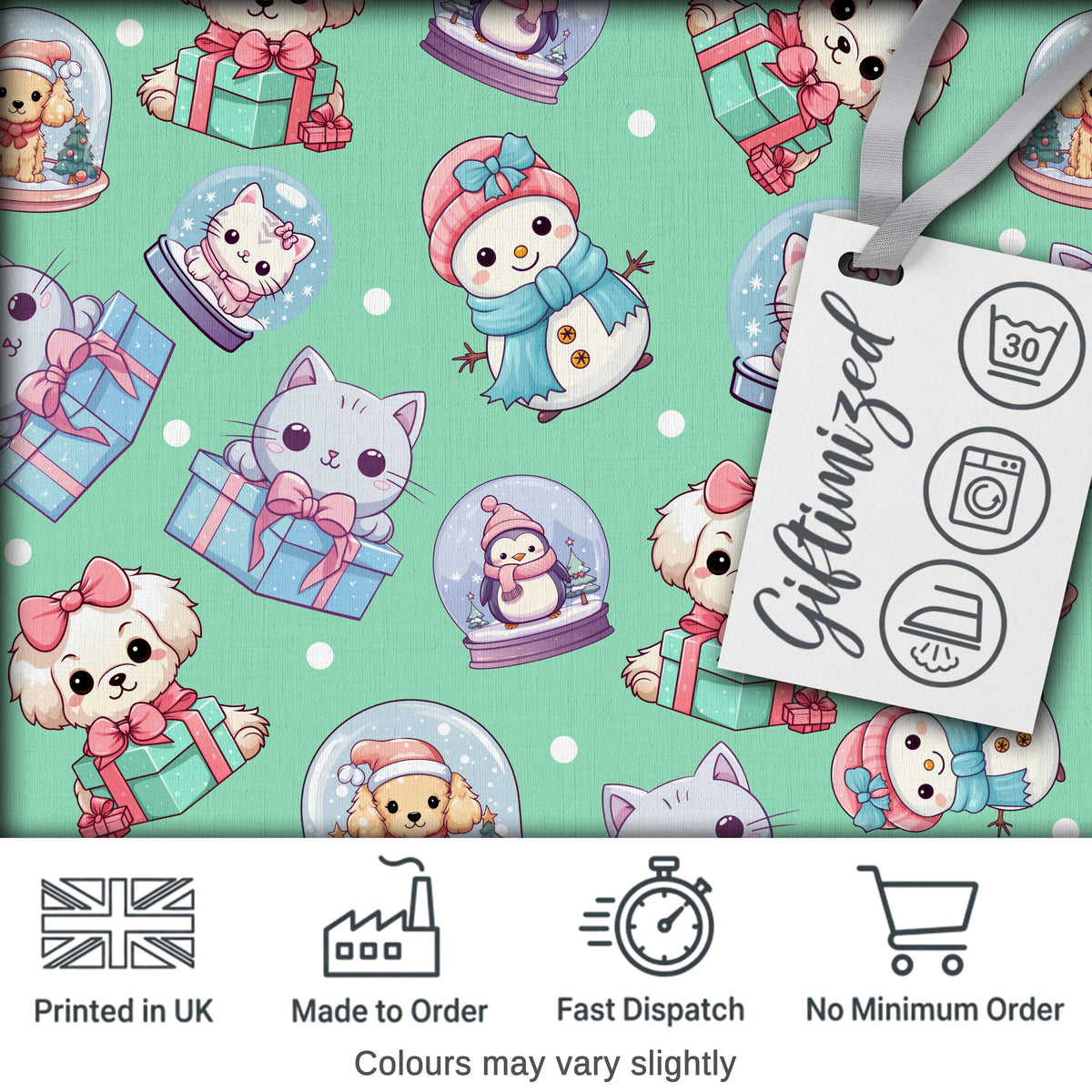 Cute Kawaii Christmas Pets Snow Globe Gifts Mint Background Seamless Pattern Digital Print Fabric by the Metre UK Textile