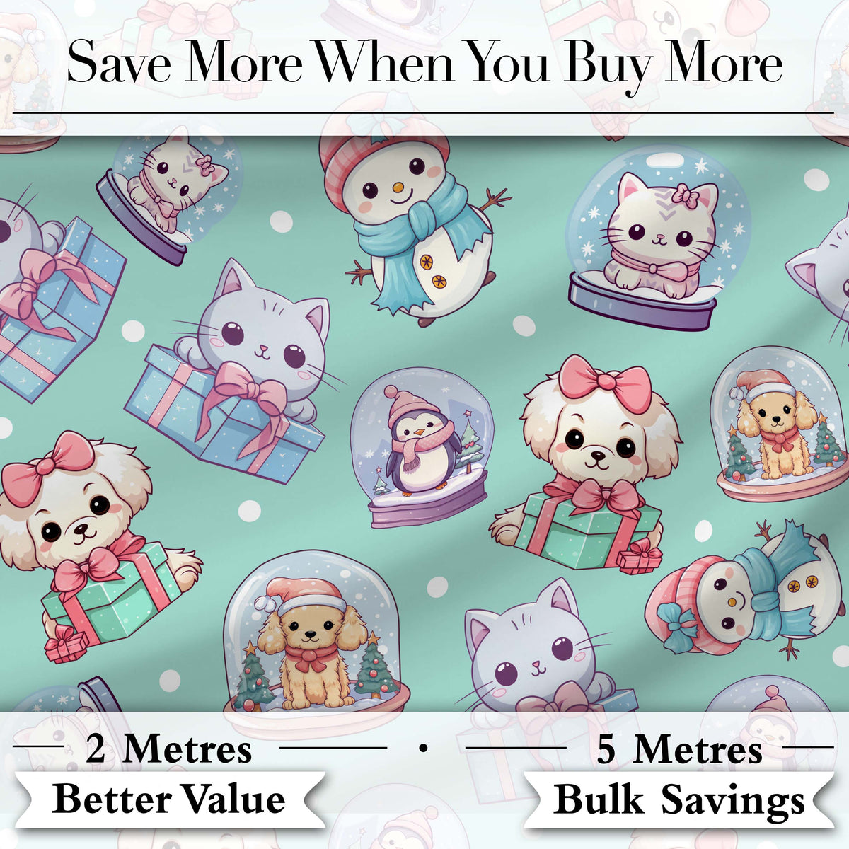 Cute Kawaii Christmas Pets Snow Globe Gifts Teal Background Seamless Pattern Digital Print Fabric by the Metre UK Textile