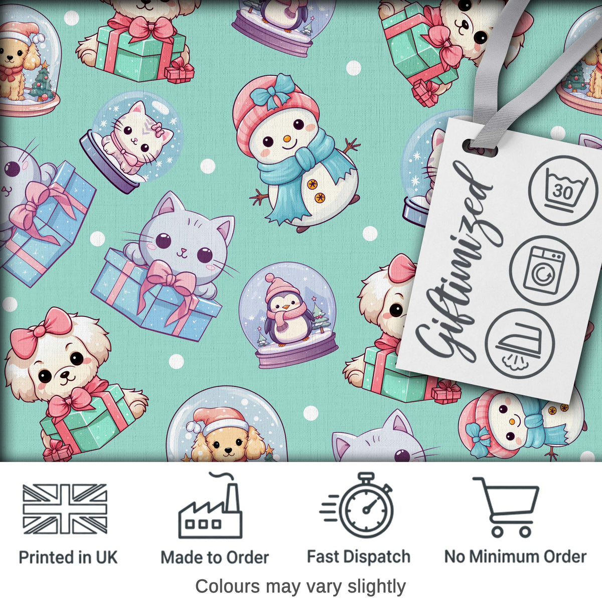 Cute Kawaii Christmas Pets Snow Globe Gifts Teal Background Seamless Pattern Digital Print Fabric by the Metre UK Textile