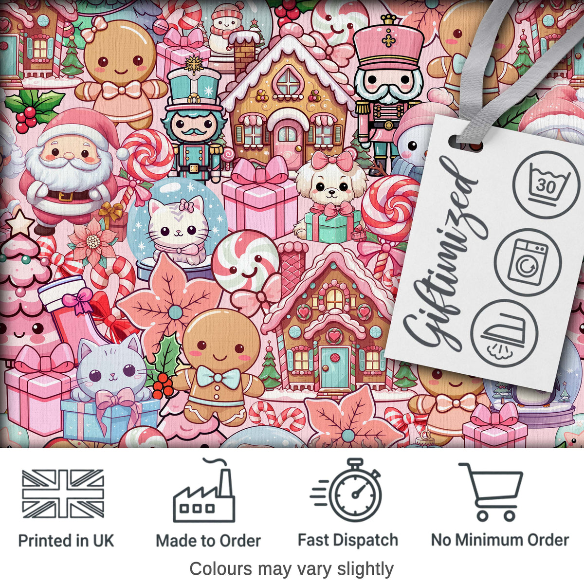 Cute Christmas Gingerbread Candy Soft Pink Background Seamless Pattern Digital Print Fabric by the Metre UK Sewing Quilting Textile