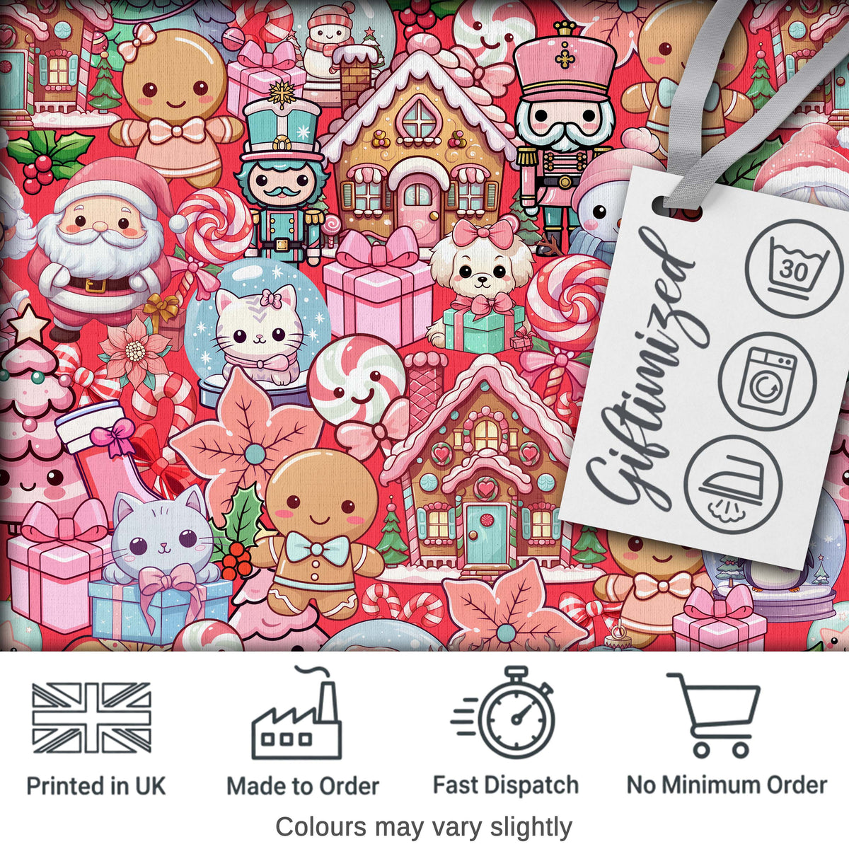Cute Christmas Gingerbread Candy Bright Red Background Seamless Pattern Digital Print Fabric by the Metre UK Sewing Quilting Textile