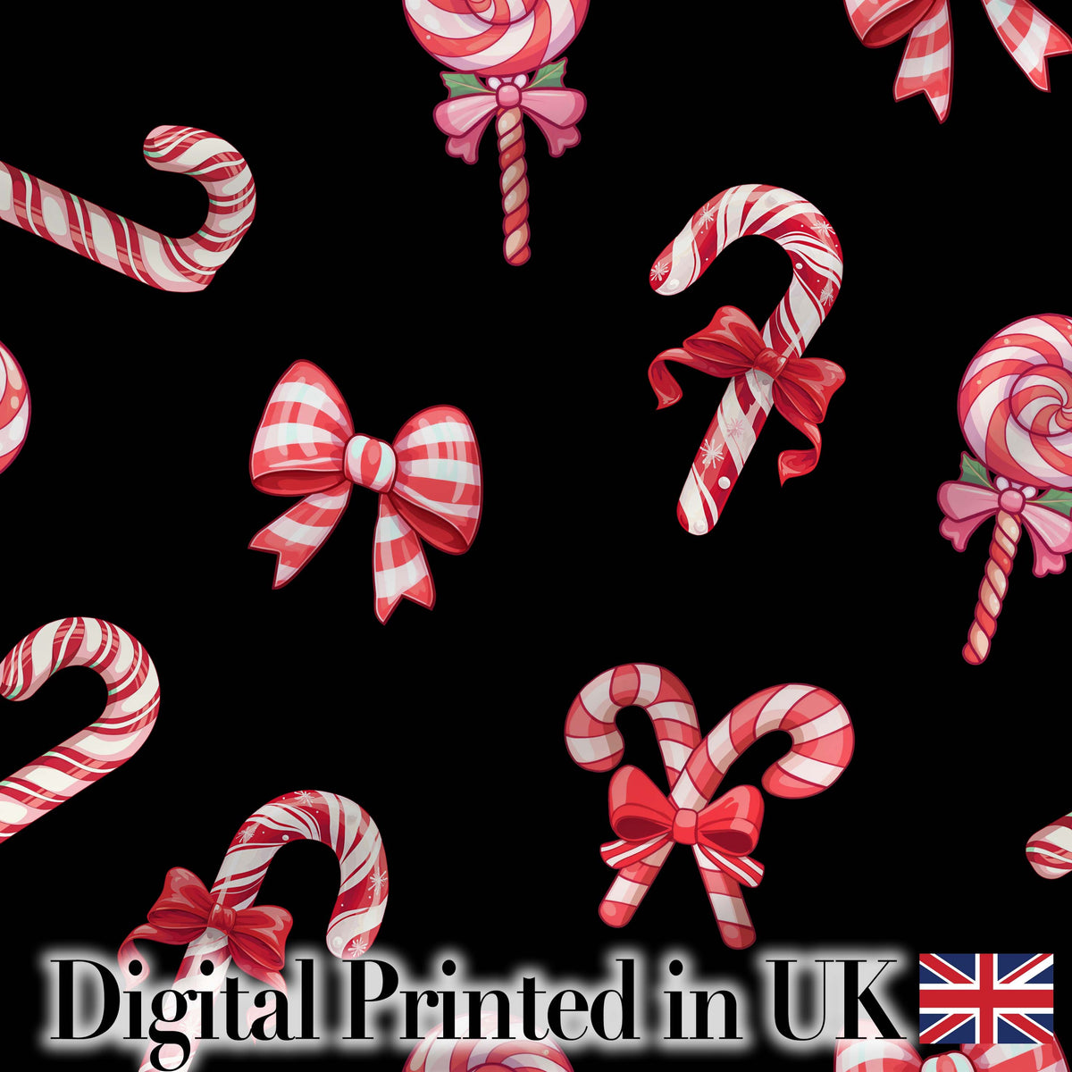 Cute Candy Cane Bows Dark Black Background Seamless Pattern Digital Print Fabric by the Metre UK Sewing Quilting Textile