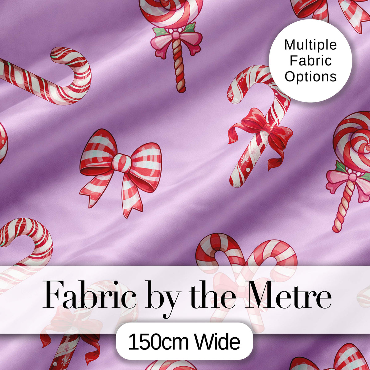 Cute Candy Cane Bows Pastel Purple Background Seamless Pattern Digital Print Fabric by the Metre UK Sewing Quilting Textile
