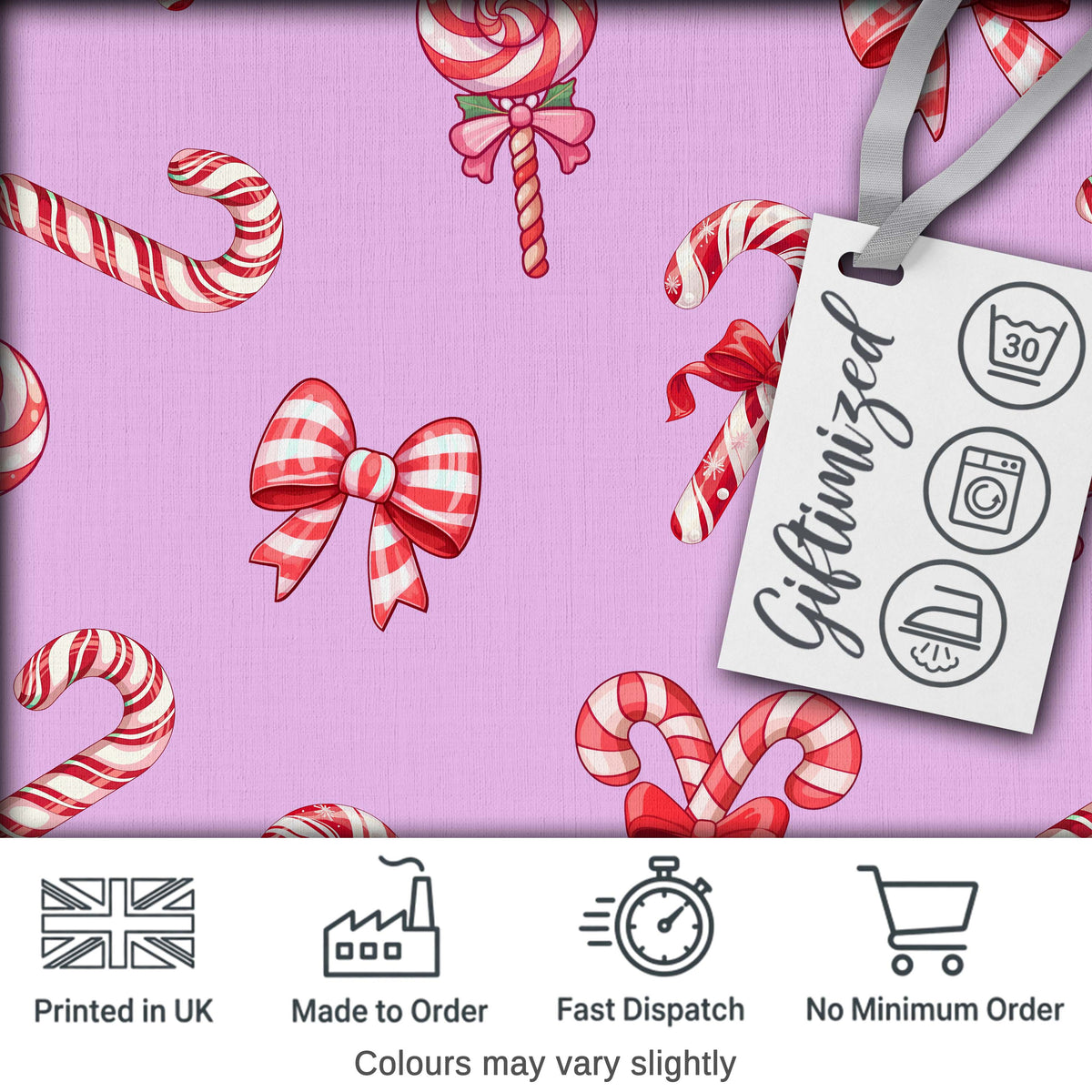 Cute Candy Cane Bows Pastel Purple Background Seamless Pattern Digital Print Fabric by the Metre UK Sewing Quilting Textile