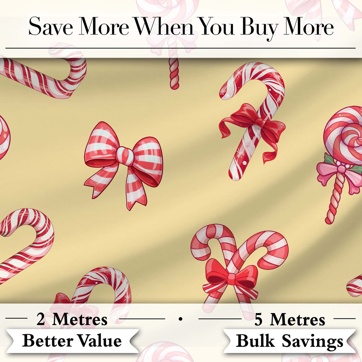 Cute Candy Cane Bows Warm Beige Background Seamless Pattern Digital Print Fabric by the Metre UK Sewing Quilting Textile
