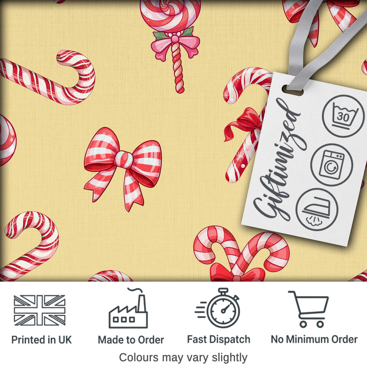 Cute Candy Cane Bows Warm Beige Background Seamless Pattern Digital Print Fabric by the Metre UK Sewing Quilting Textile