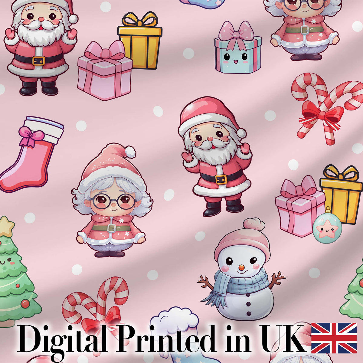 Cute Santa Snowman Gifts Candy Cane Blush Background Seamless Pattern Digital Print Fabric by the Metre UK Sewing Quilting Textile