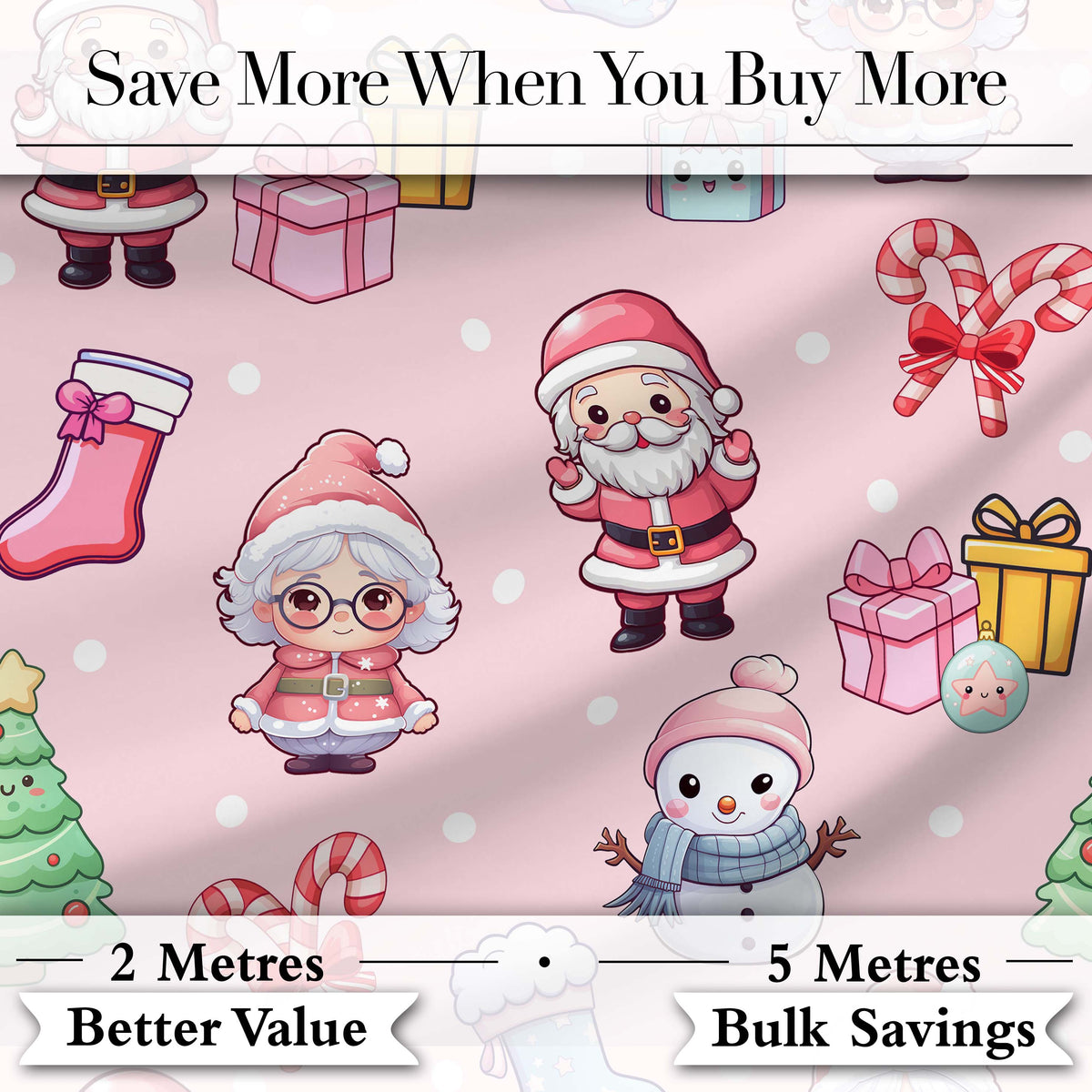 Cute Santa Snowman Gifts Candy Cane Blush Background Seamless Pattern Digital Print Fabric by the Metre UK Sewing Quilting Textile