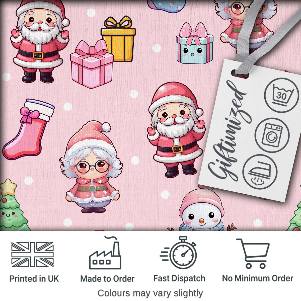 Cute Santa Snowman Gifts Candy Cane Blush Background Seamless Pattern Digital Print Fabric by the Metre UK Sewing Quilting Textile