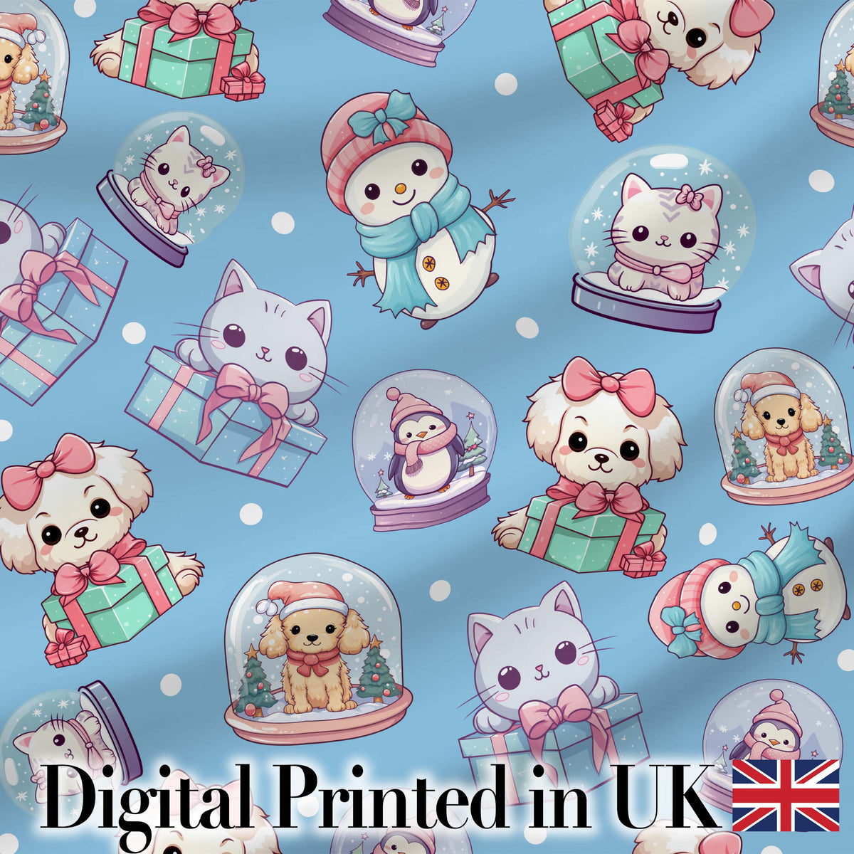 Cute Cute Kittens Puppies Snow Globes Blue Background Seamless Pattern Digital Print Fabric by the Metre UK Sewing Quilting Textile