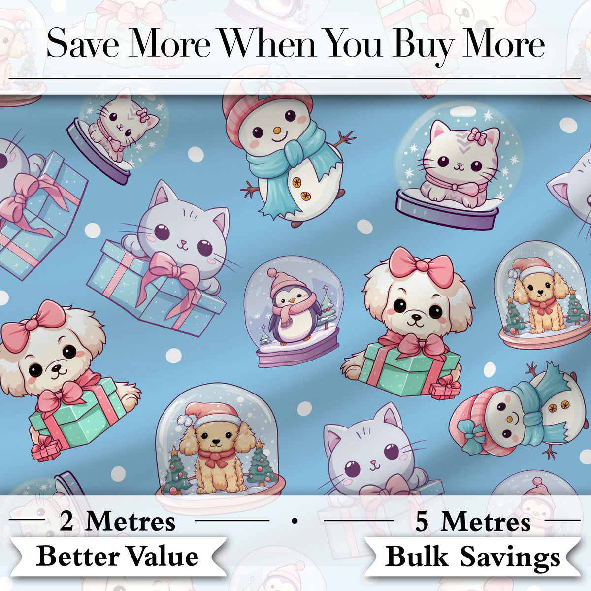 Cute Cute Kittens Puppies Snow Globes Blue Background Seamless Pattern Digital Print Fabric by the Metre UK Sewing Quilting Textile
