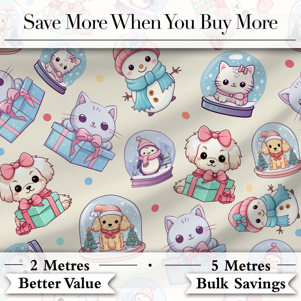 Cute Cute Kittens Puppies Snow Globes Cream Background Seamless Pattern Digital Print Fabric by the Metre UK Sewing Quilting Textile