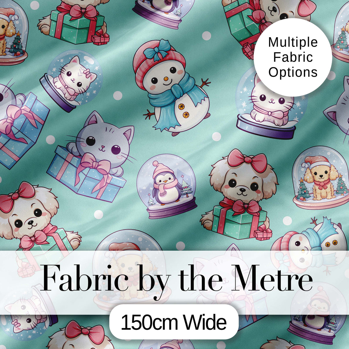 Cute Cute Kittens Puppies Snow Globes Teal Background Seamless Pattern Digital Print Fabric by the Metre UK Sewing Quilting Textile