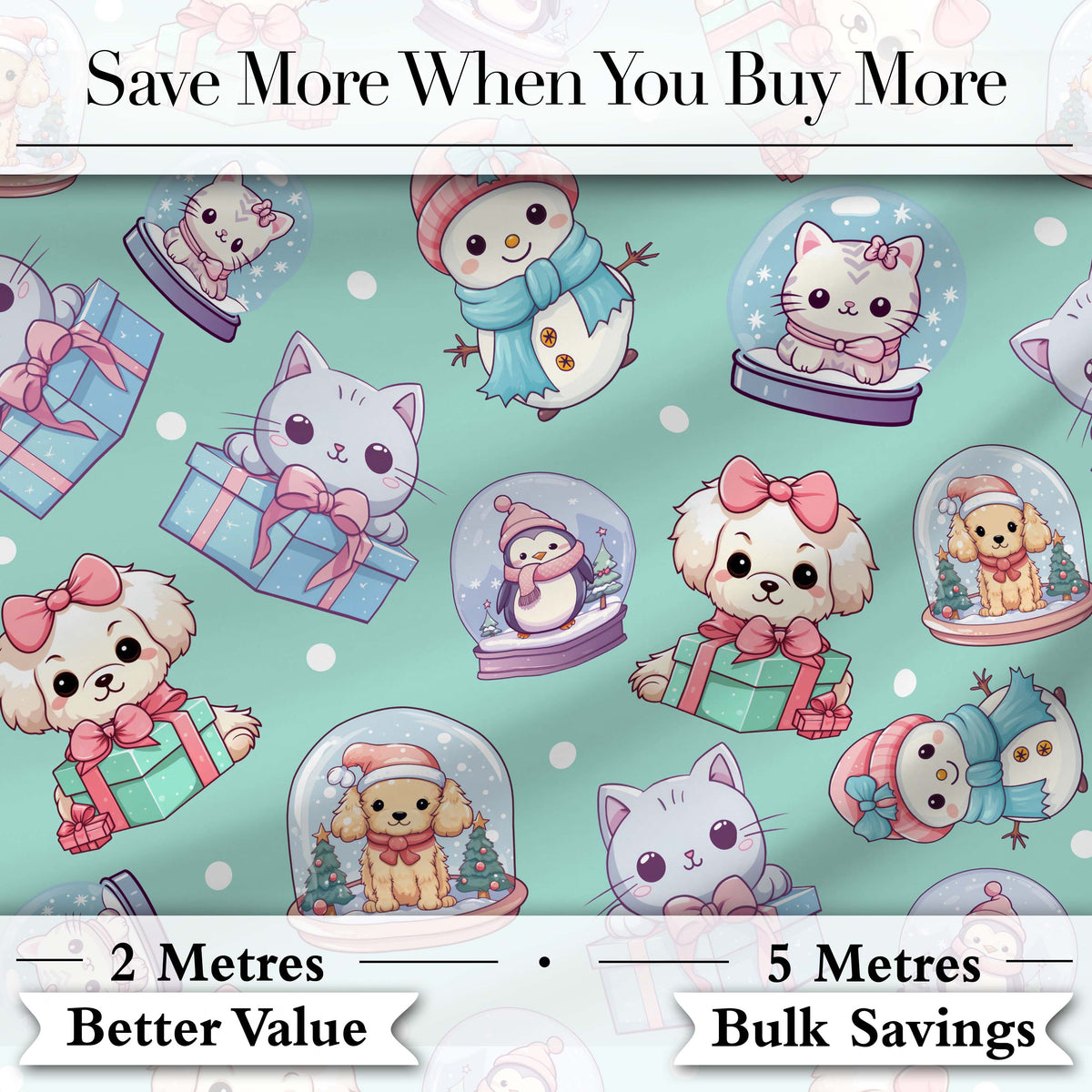 Cute Cute Kittens Puppies Snow Globes Teal Background Seamless Pattern Digital Print Fabric by the Metre UK Sewing Quilting Textile