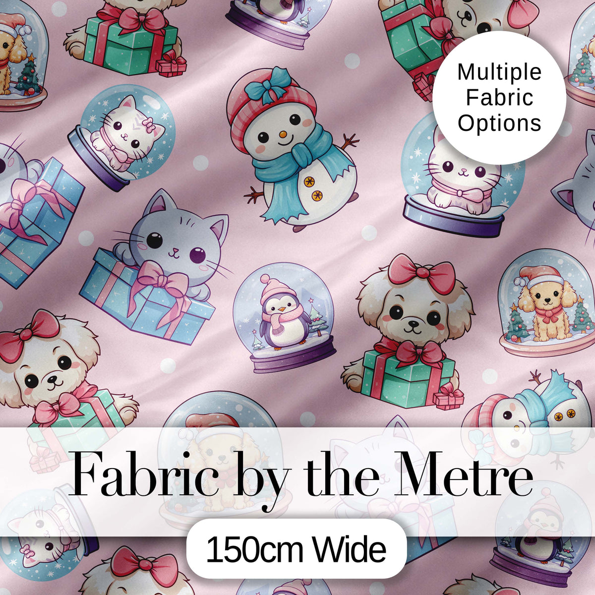 Cute Cute Kittens Puppies Snow Globes Pink Background Seamless Pattern Digital Print Fabric by the Metre UK Sewing Quilting Textile