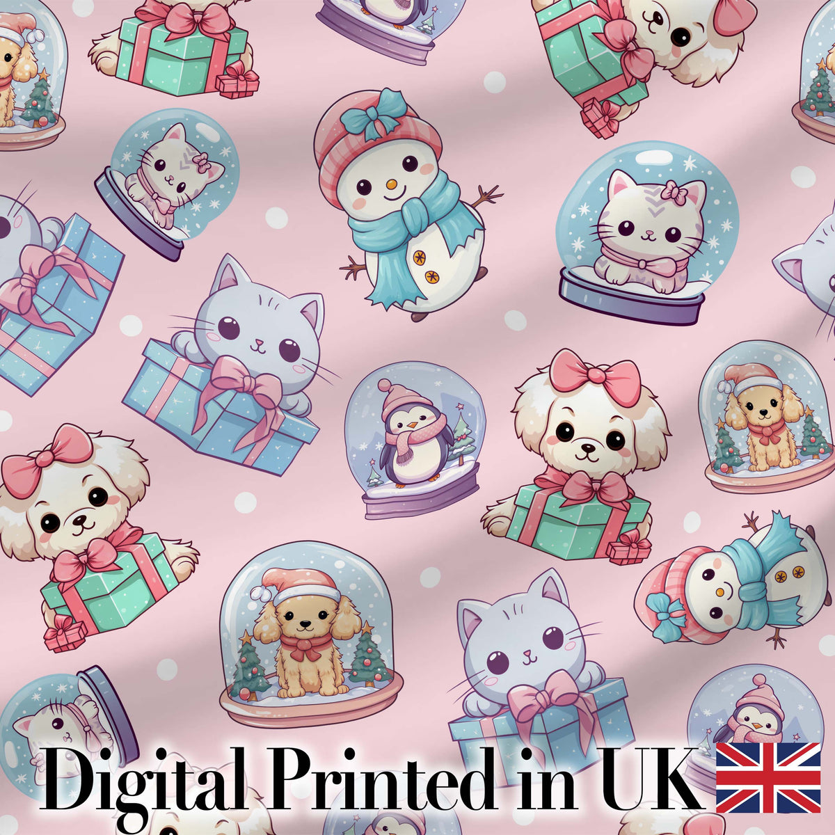 Cute Cute Kittens Puppies Snow Globes Pink Background Seamless Pattern Digital Print Fabric by the Metre UK Sewing Quilting Textile