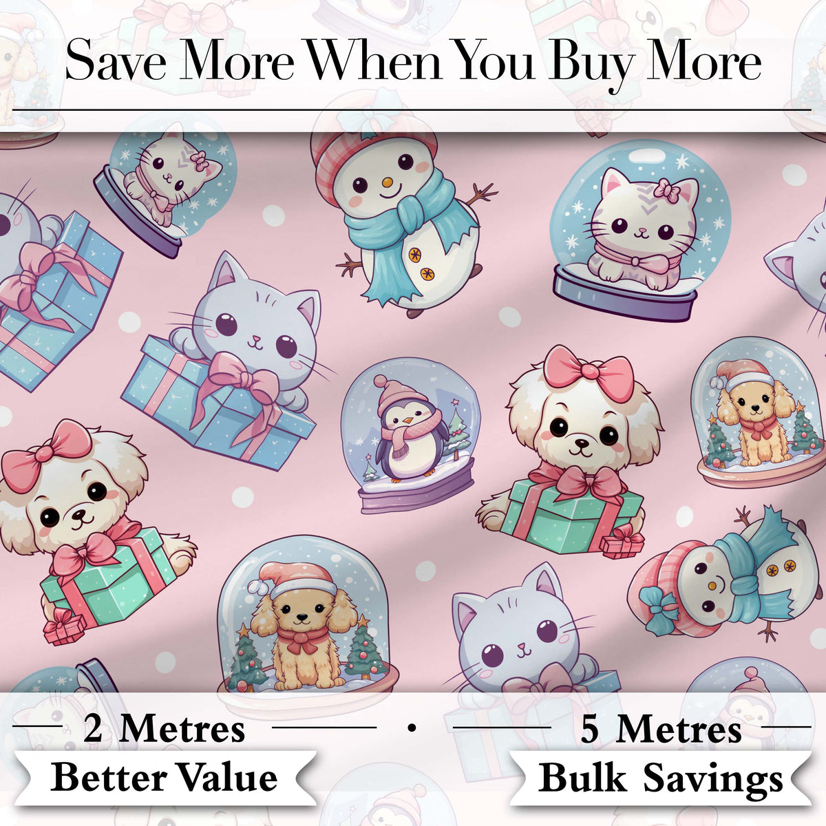 Cute Cute Kittens Puppies Snow Globes Pink Background Seamless Pattern Digital Print Fabric by the Metre UK Sewing Quilting Textile