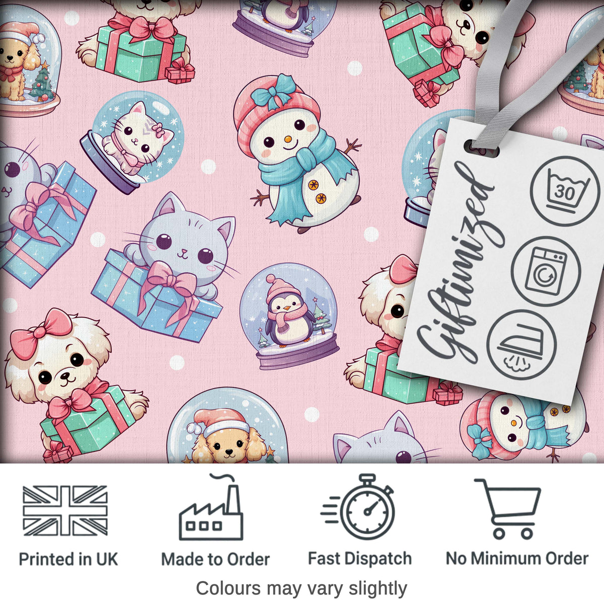 Cute Cute Kittens Puppies Snow Globes Pink Background Seamless Pattern Digital Print Fabric by the Metre UK Sewing Quilting Textile