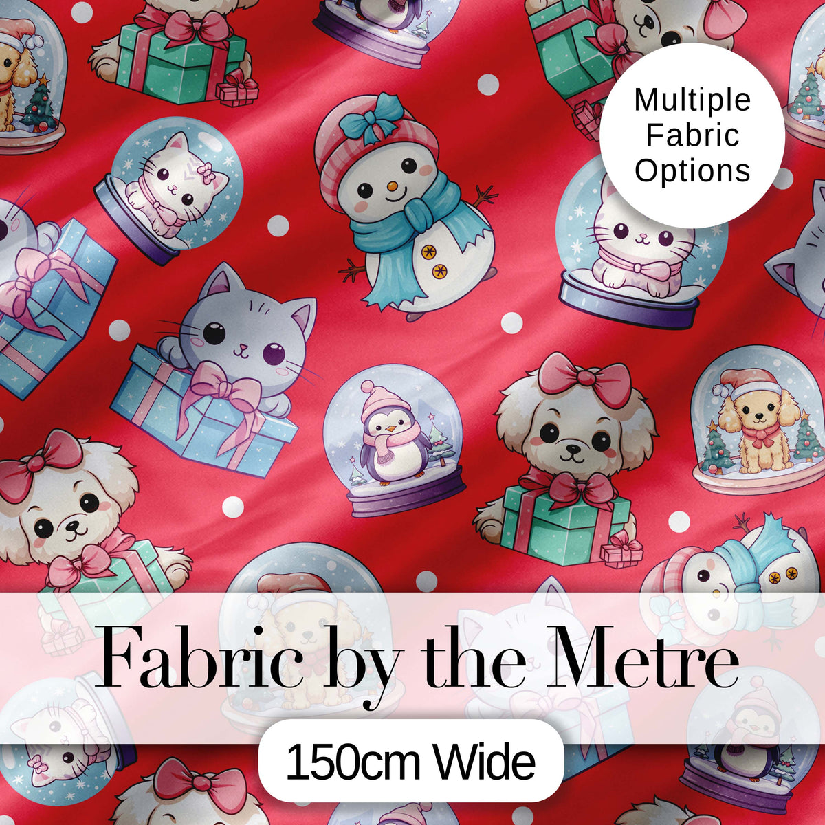 Cute Christmas Kittens Puppies Snow Globes Red Background Seamless Pattern Digital Print Fabric by the Metre UK Sewing Quilting Textile