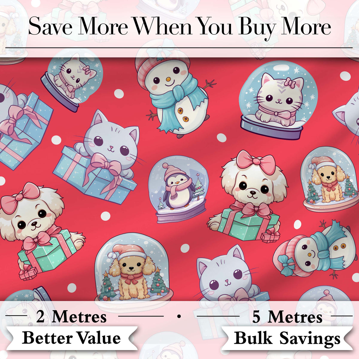 Cute Christmas Kittens Puppies Snow Globes Red Background Seamless Pattern Digital Print Fabric by the Metre UK Sewing Quilting Textile
