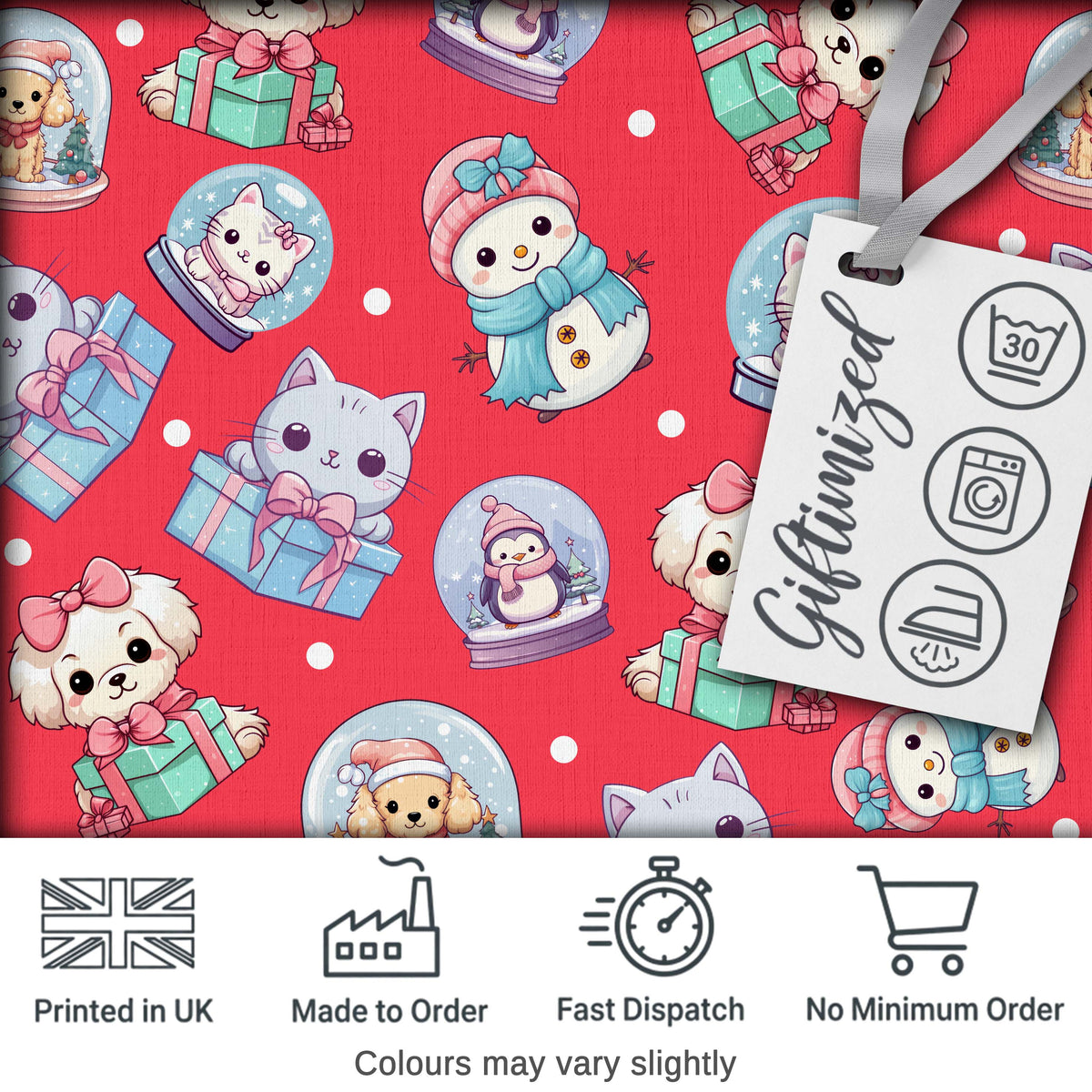 Cute Christmas Kittens Puppies Snow Globes Red Background Seamless Pattern Digital Print Fabric by the Metre UK Sewing Quilting Textile