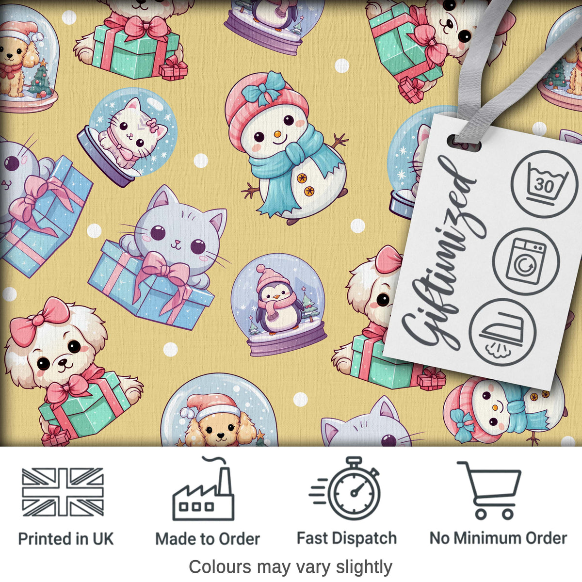 Cute Christmas Kittens Puppies Snow Globes Gold Background Seamless Pattern Digital Print Fabric by the Metre UK Sewing Quilting Textile