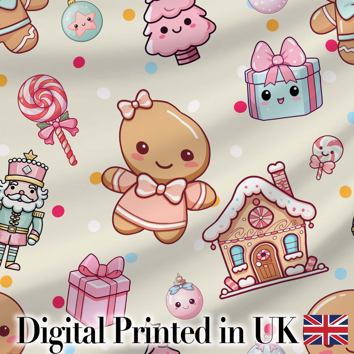 Cute Gingerbread Candy House Sweets Cream Background Seamless Pattern Digital Print Fabric by the Metre UK Sewing Quilting Textile