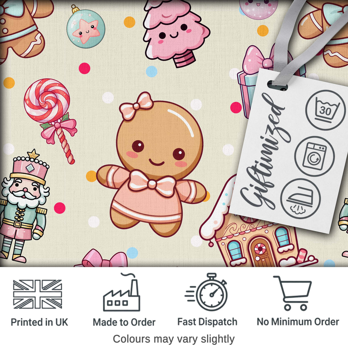 Cute Gingerbread Candy House Sweets Cream Background Seamless Pattern Digital Print Fabric by the Metre UK Sewing Quilting Textile