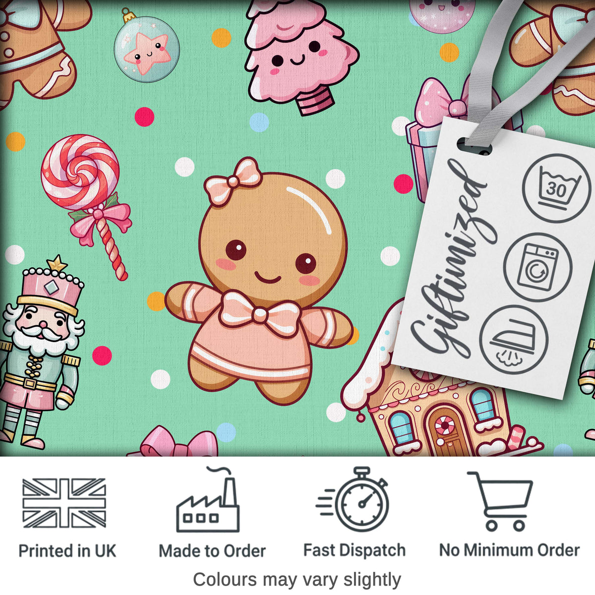 Cute Gingerbread Candy House Sweets Green Background Seamless Pattern Digital Print Fabric by the Metre UK Sewing Quilting Textile