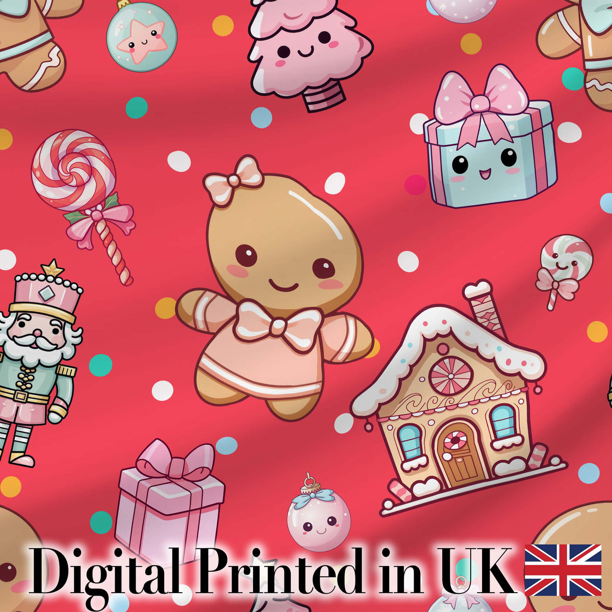 Cute Gingerbread Girl Candy House Sweets Red Background Seamless Pattern Digital Print Fabric by the Metre UK Sewing Quilting Textile