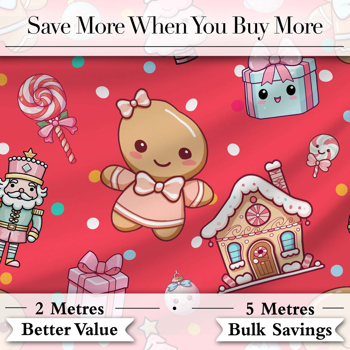 Cute Gingerbread Girl Candy House Sweets Red Background Seamless Pattern Digital Print Fabric by the Metre UK Sewing Quilting Textile