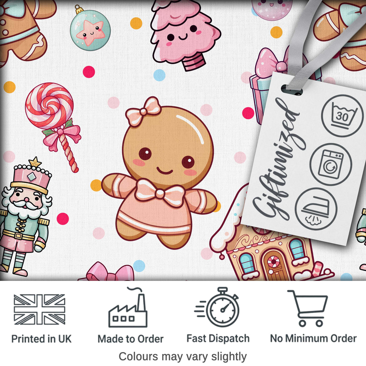 Cute Gingerbread Girl Candy House Sweets Grey Background Seamless Pattern Digital Print Fabric by the Metre UK Sewing Quilting Textile