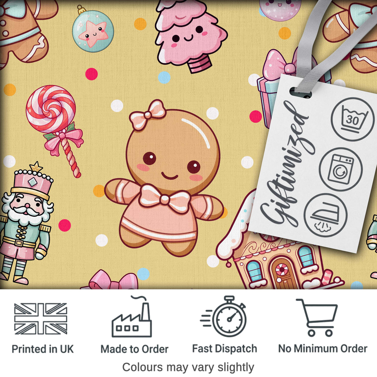 Cute Gingerbread Girl Candy House Sweets Gold Background Seamless Pattern Digital Print Fabric by the Metre UK Sewing Quilting Textile