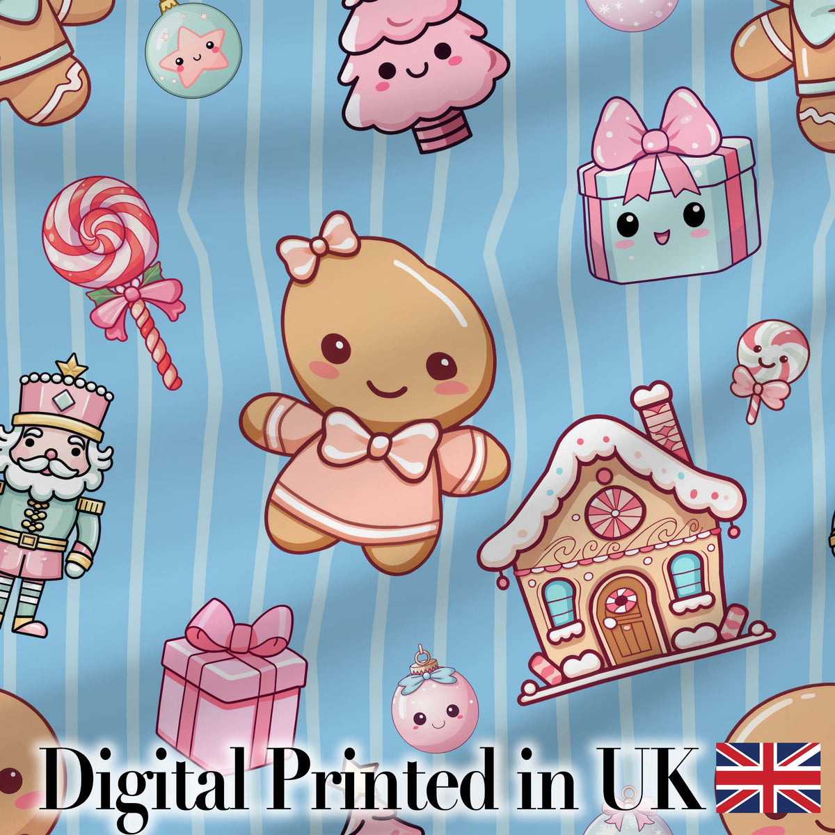 Cute Gingerbread Girl Candy House Sweet Blue Stripe Background Seamless Pattern Digital Print Fabric by the Metre UK Sewing Quilting Textile