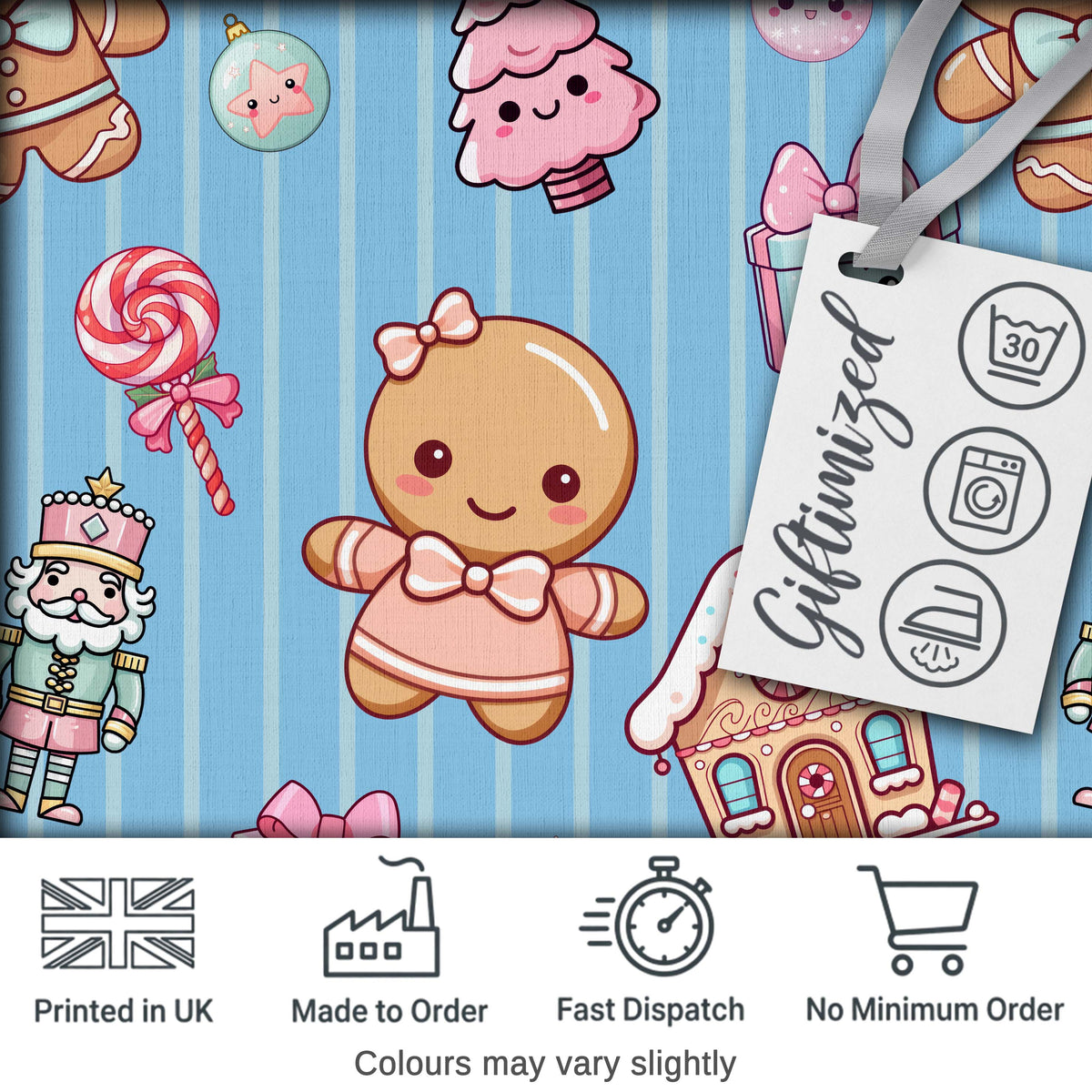 Cute Gingerbread Girl Candy House Sweet Blue Stripe Background Seamless Pattern Digital Print Fabric by the Metre UK Sewing Quilting Textile