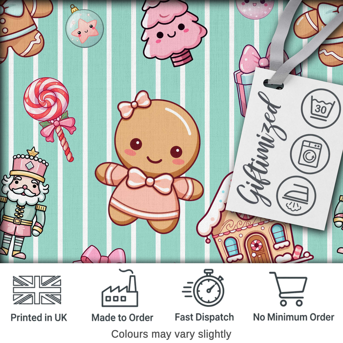 Cute Gingerbread Girl Candy House Sweet Mint Stripe Background Seamless Pattern Digital Print Fabric by the Metre UK Sewing Quilting Textile